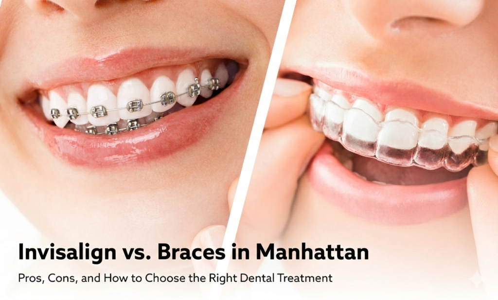 A close-up, split-screen comparison of two different orthodontic treatments. The left side shows a person wearing traditional metal braces. The right side shows a person holding and preparing to wear a clear, invisible aligner.