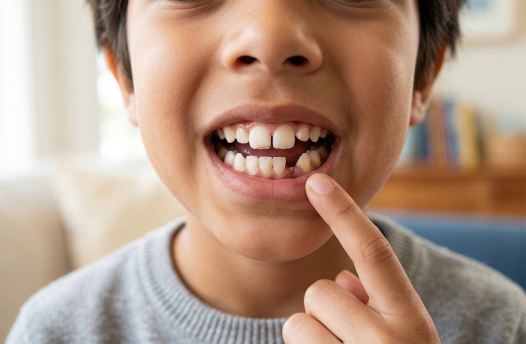 A young child pointing to their teeth, illustrating dental development and the potential need for early orthodontic evaluation