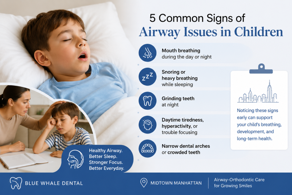 Airway orthodontics for kids showing common signs like mouth breathing, snoring, teeth grinding, fatigue, and crowded teeth