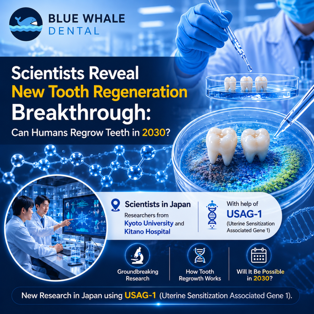 Tooth regeneration breakthrough research showing scientists studying natural tooth regrowth using USAG-1 protein experiments in Japan.