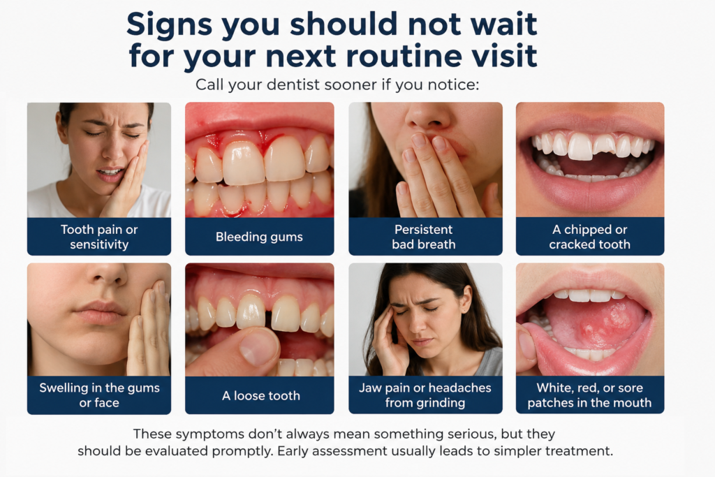 Regular dental checkups help detect warning signs like bleeding gums, tooth pain, bad breath, loose teeth, swelling, jaw pain, and mouth sores before serious oral health problems develop.