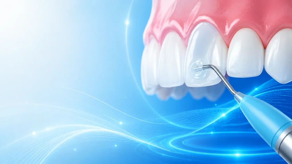 Dental bonding treatment with composite resin being applied to a front tooth using a dental instrument against a futuristic blue background.