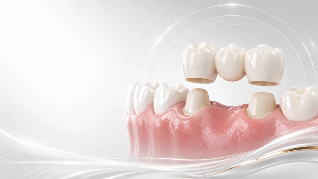 Dental bridge restoration replacing a missing tooth with a custom three-unit dental bridge in Midtown Manhattan NYC.