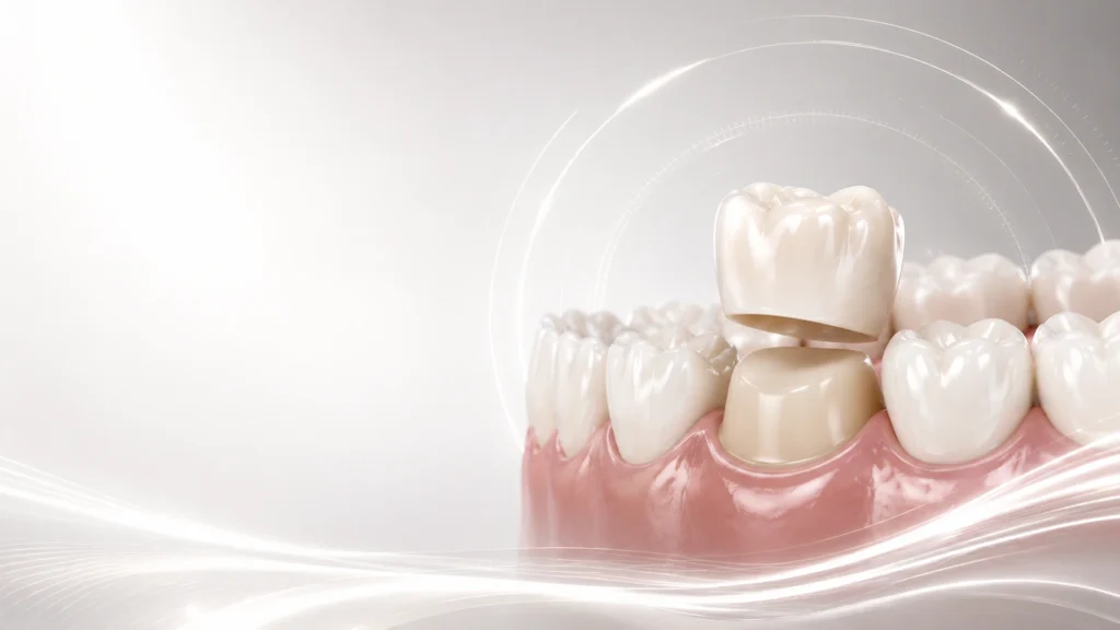 Premium ceramic dental crown being placed over a prepared tooth in Midtown Manhattan NYC.