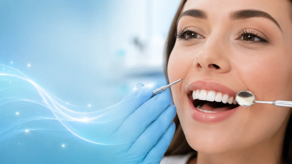Close-up dental examination with a dental mirror and explorer instrument during a routine oral health checkup in Midtown Manhattan NYC.