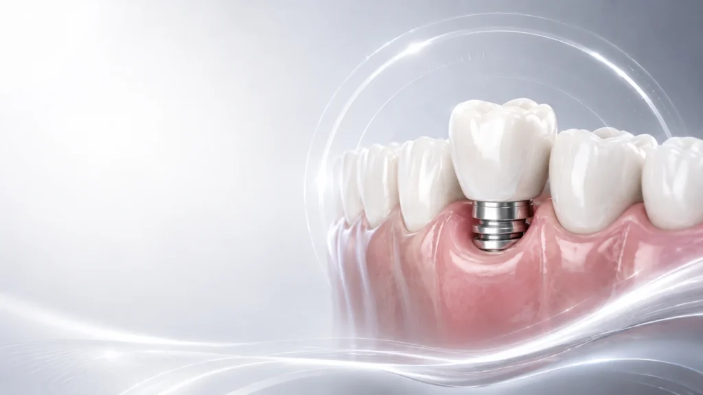 Premium dental implant restoration with titanium implant and natural ceramic crown in Midtown Manhattan NYC.