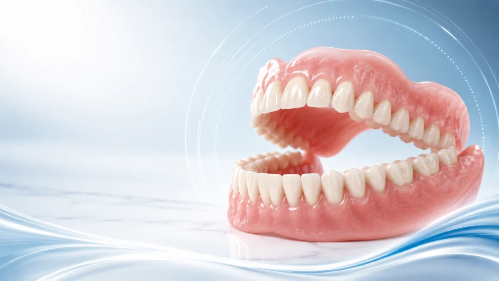 Full upper and lower dentures displayed in a modern dental visualization representing custom denture restoration in Midtown Manhattan NYC.