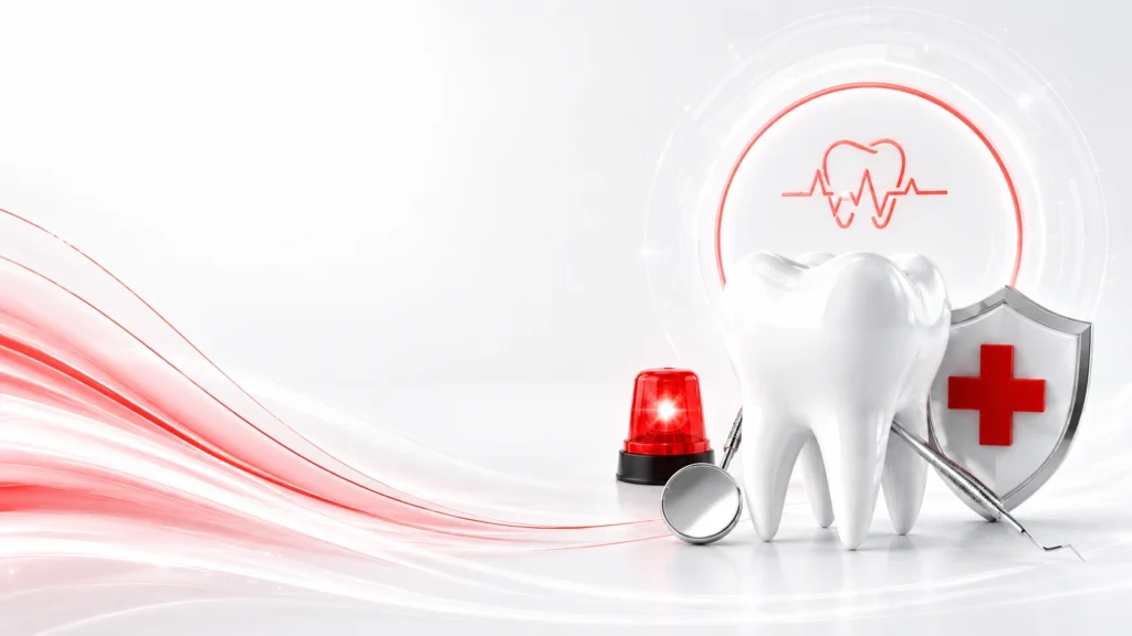 Emergency dentistry illustration featuring a dental emergency response concept with protective shield, emergency care symbol, and dental treatment tools in Midtown Manhattan NYC.
