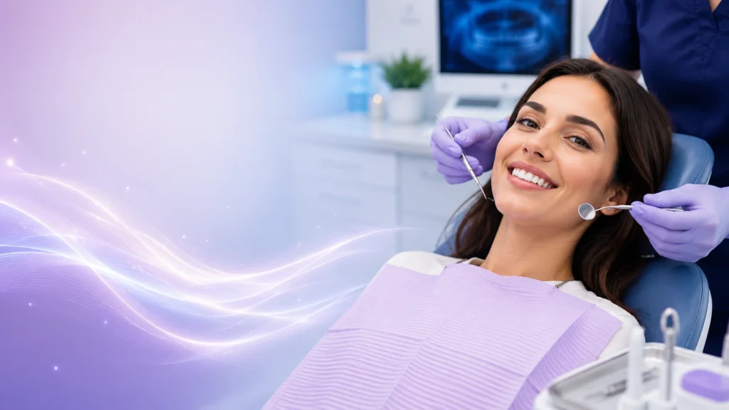Smiling patient receiving a routine dental examination in a modern general dentistry clinic in Midtown Manhattan NYC.