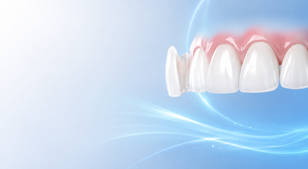 Porcelain veneers being placed over front teeth to enhance smile appearance at Blue Whale Dental in Midtown Manhattan NYC.