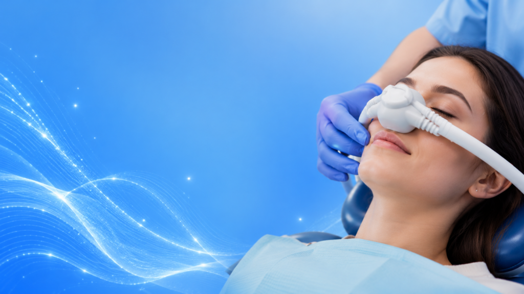 Patient comfortably receiving sedation dentistry with a nitrous oxide mask during a dental procedure in Midtown Manhattan NYC.
