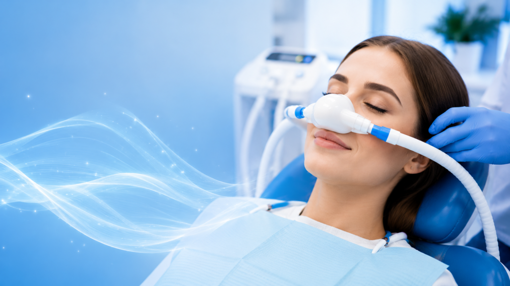 Patient comfortably receiving nitrous oxide laughing gas sedation during dental treatment in Midtown Manhattan NYC.