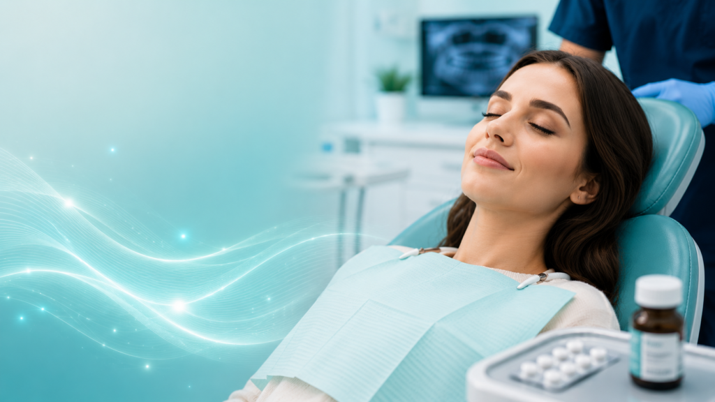 Relaxed patient receiving oral sedation dentistry in a modern dental clinic in Midtown Manhattan NYC.
