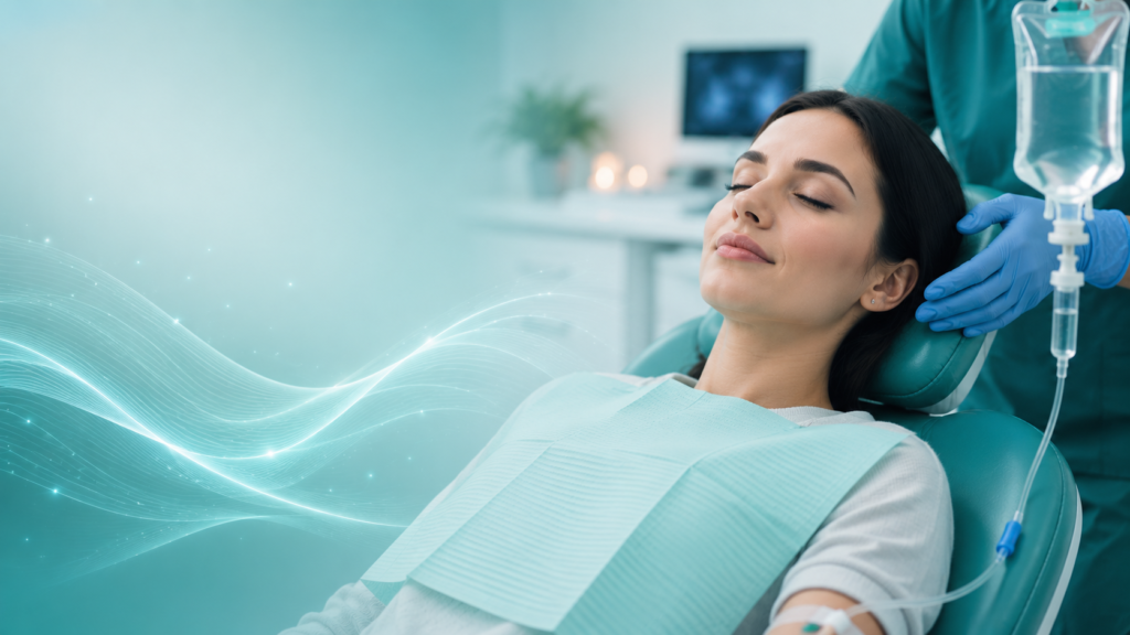 Patient comfortably receiving IV sedation dentistry in a modern dental clinic in Midtown Manhattan NYC.