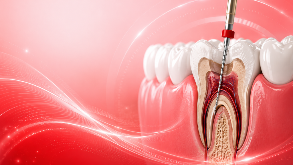 3D illustration of endodontic root canal treatment showing a dental file cleaning the infected pulp chamber and root canals.