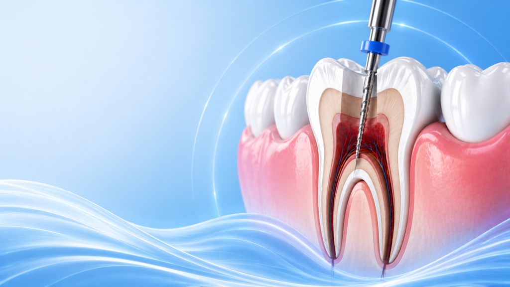3D illustration of root canal therapy showing an endodontic file cleaning and treating the internal root canal system of a tooth.