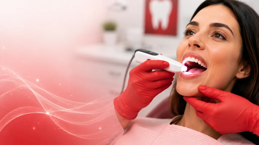 Patient undergoing an oral cancer screening with advanced intraoral scanning technology in Midtown Manhattan NYC.