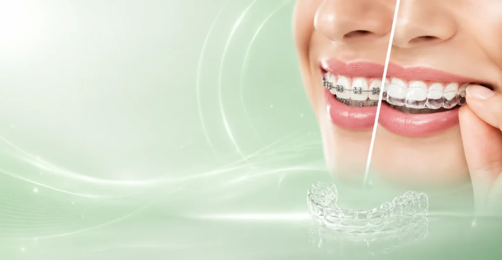 Orthodontic treatment comparison featuring traditional braces and clear aligners for teeth straightening in Midtown Manhattan NYC.