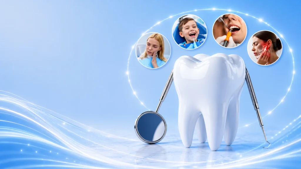 Comprehensive dental care illustration featuring emergency dentistry, pediatric dentistry, periodontal care, and TMJ treatment services in Midtown Manhattan NYC.