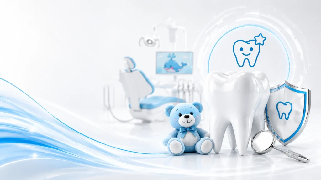 Child-friendly pediatric dentistry illustration featuring a smiling tooth mascot, teddy bear, and modern dental care environment in Midtown Manhattan NYC.