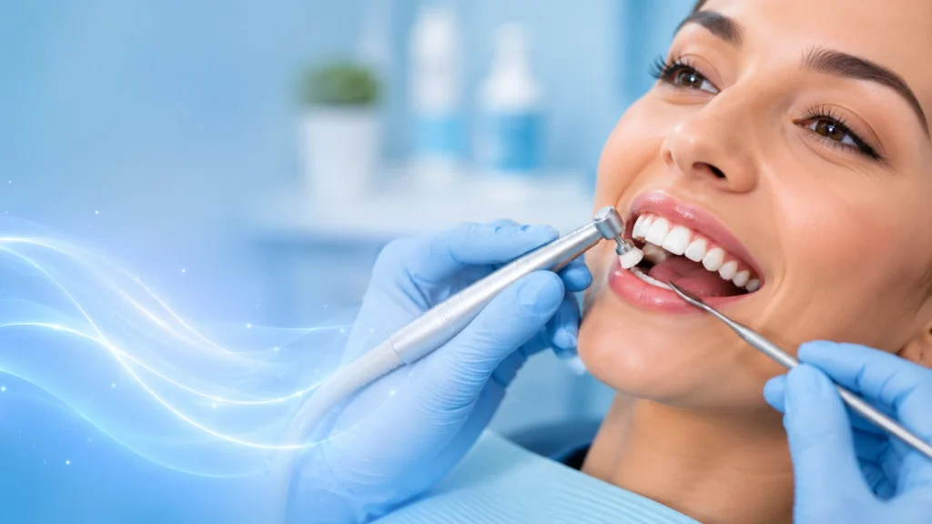 Patient receiving a professional teeth cleaning with dental polishing tools during a routine dental hygiene appointment in Midtown Manhattan NYC.