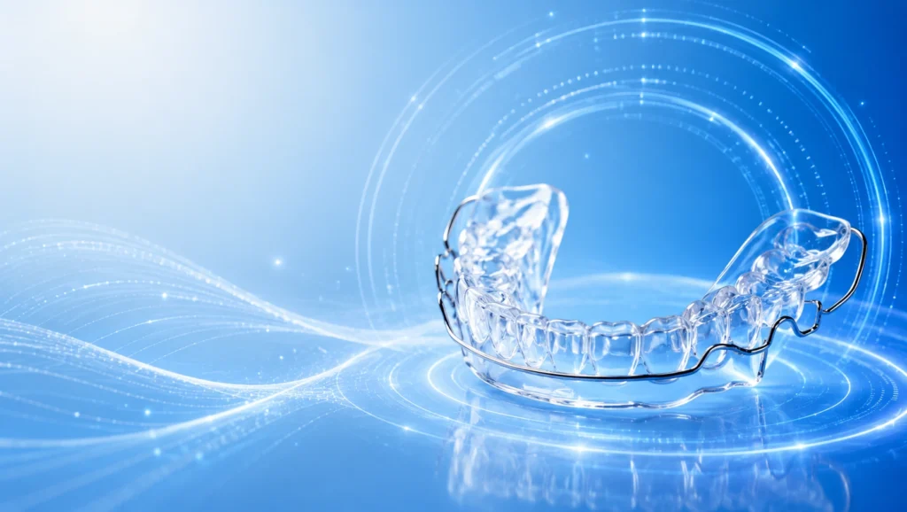 Custom orthodontic retainer displayed in a futuristic blue dental environment representing post-treatment smile retention in Midtown Manhattan NYC.