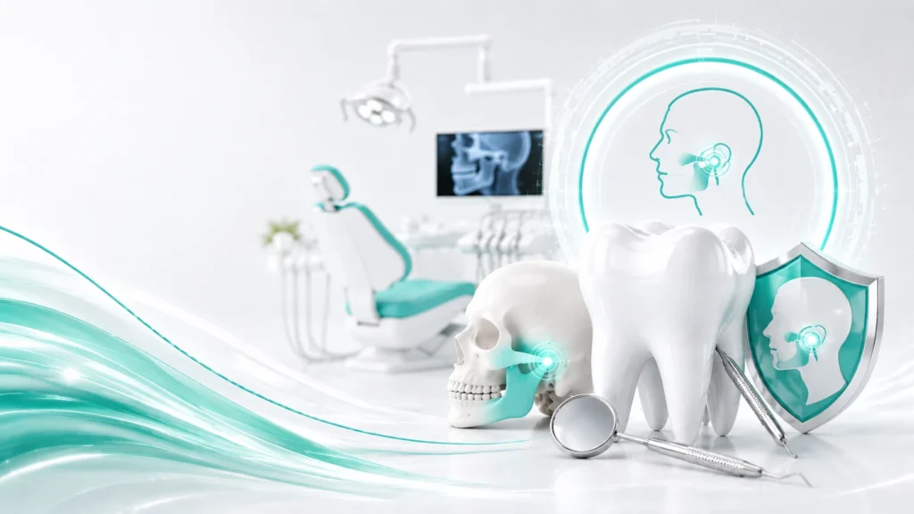 TMJ dental care illustration showing jaw joint anatomy, temporomandibular joint treatment concepts, and advanced diagnostic technology in Midtown Manhattan NYC.
