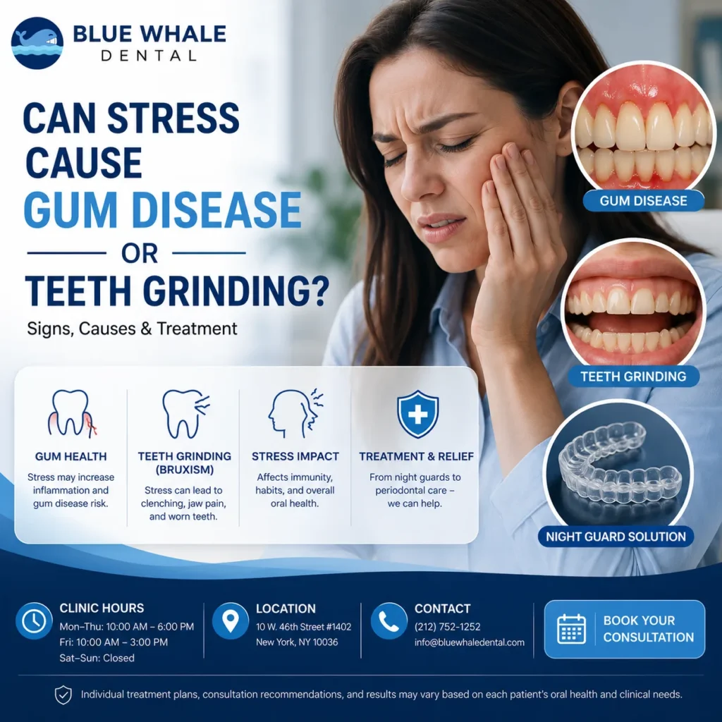 Can stress cause gum disease or teeth grinding? Realistic dental visual showing gum inflammation, teeth grinding, jaw pain, and a night guard.