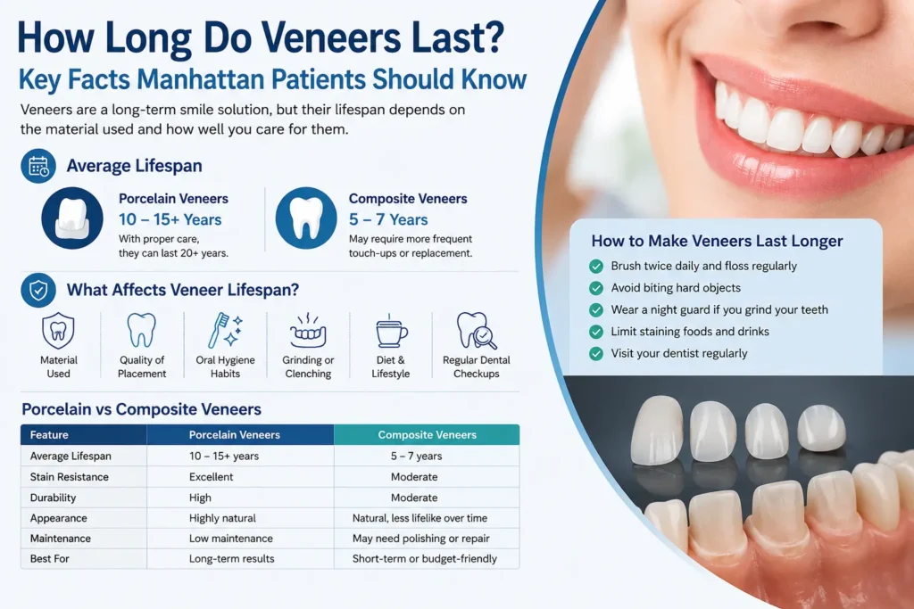 How long do veneers last? Comparison of porcelain and composite veneer lifespan, durability, and care factors.