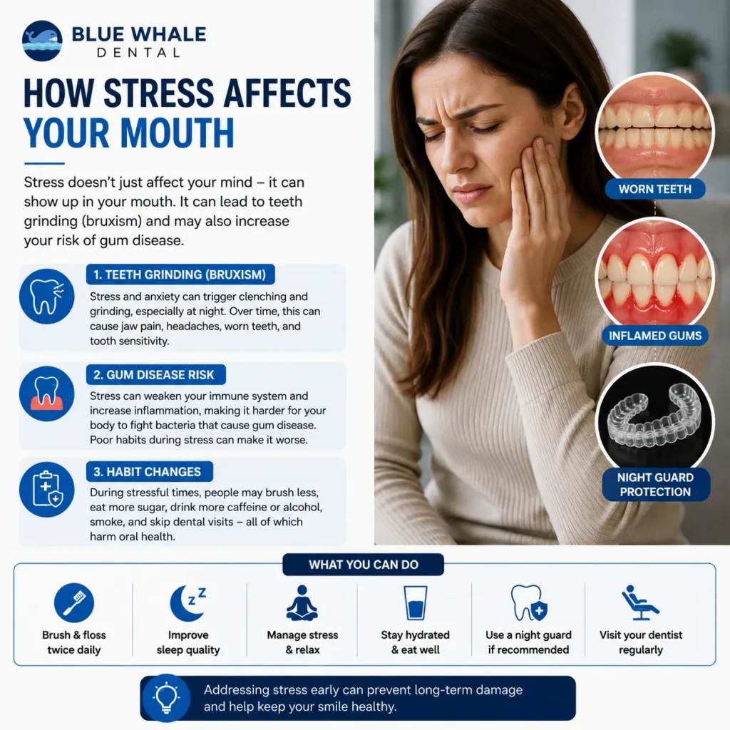 How stress affects your mouth, showing teeth grinding, worn teeth, inflamed gums, jaw pain, and night guard protection.