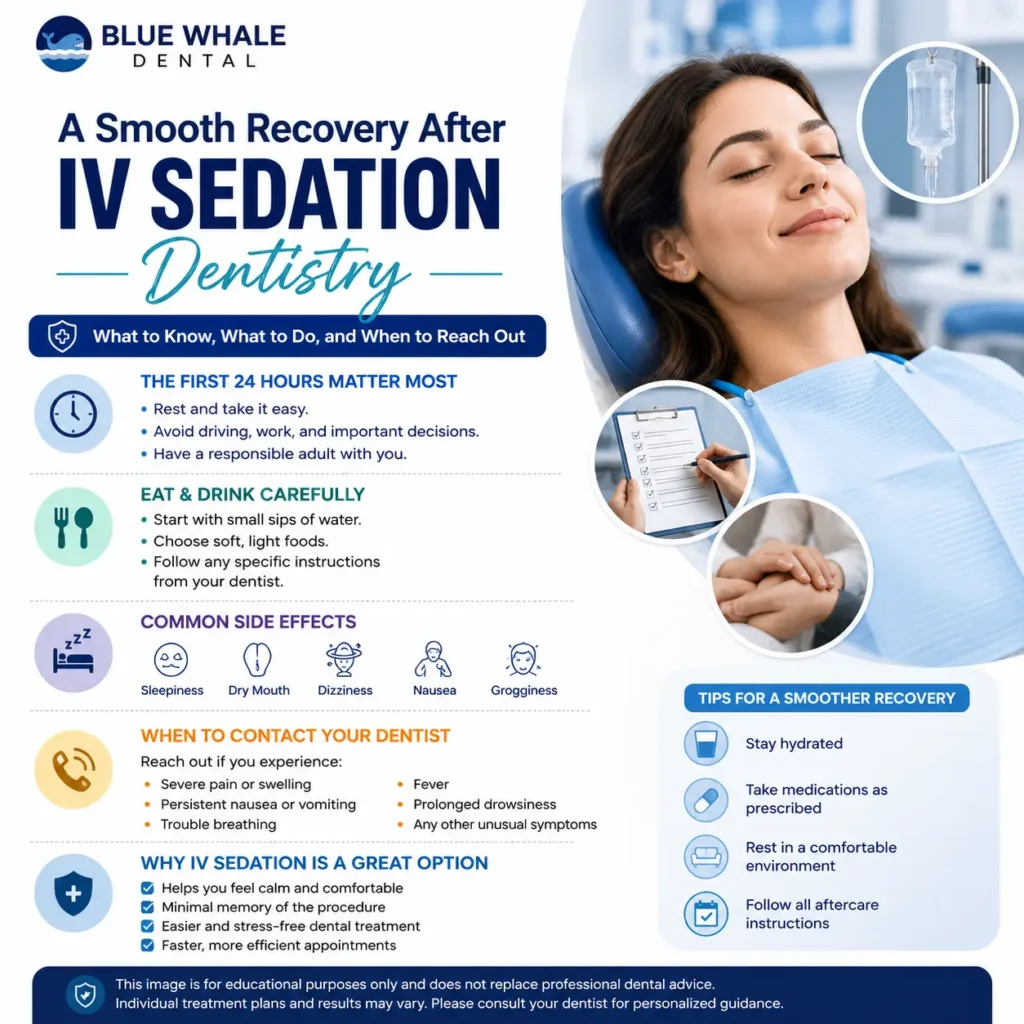 IV Sedation Dentistry recovery guide showing common side effects, first 24-hour precautions, aftercare tips, and when to contact a dentist.