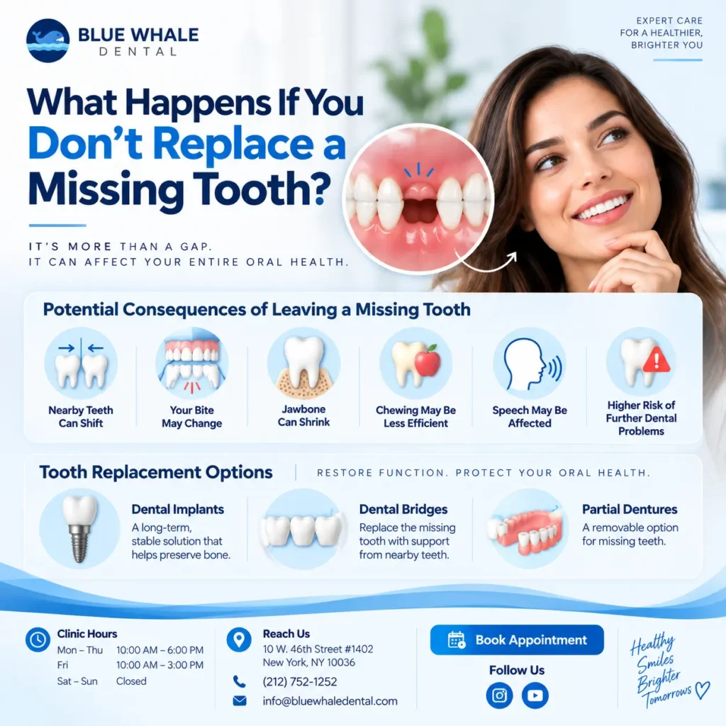 What Happens If You Don’t Replace a Missing Tooth? Blue Whale Dental cover image showing a missing tooth and potential effects including shifting teeth, bite changes, jawbone loss, chewing difficulties, and tooth replacement options.