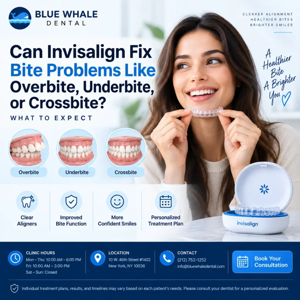 Can Invisalign Fix Bite Problems? Blue Whale Dental cover image showing a woman holding a clear aligner with visual examples of overbite, underbite, and crossbite