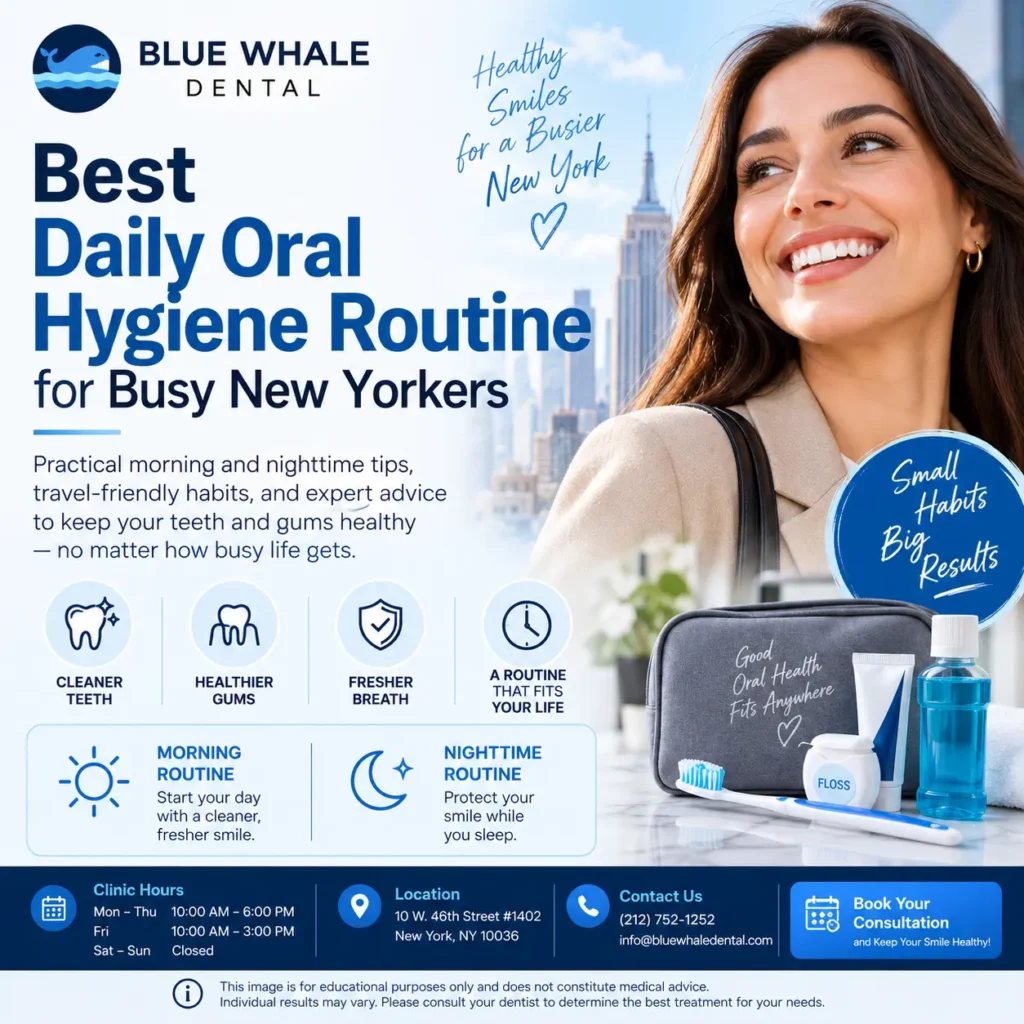Daily Oral Hygiene Routine for Busy New Yorkers featuring morning and nighttime dental care tips, travel-friendly oral hygiene supplies, and healthy teeth and gums