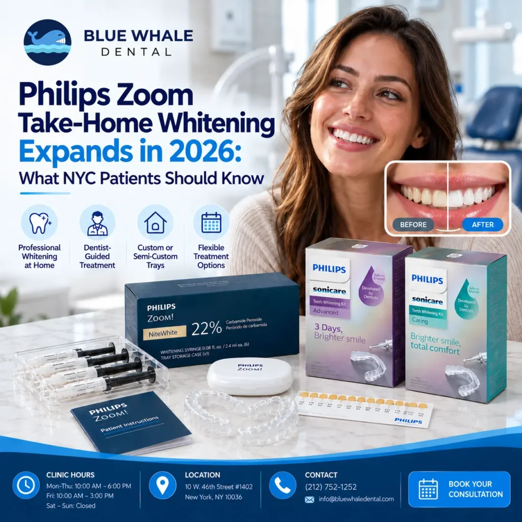 Philips Zoom Take-Home Whitening Expands in 2026: Blue Whale Dental cover image showing Philips Zoom and Sonicare whitening kits, whitening trays, gel syringes, and professional take-home whitening for NYC patients.