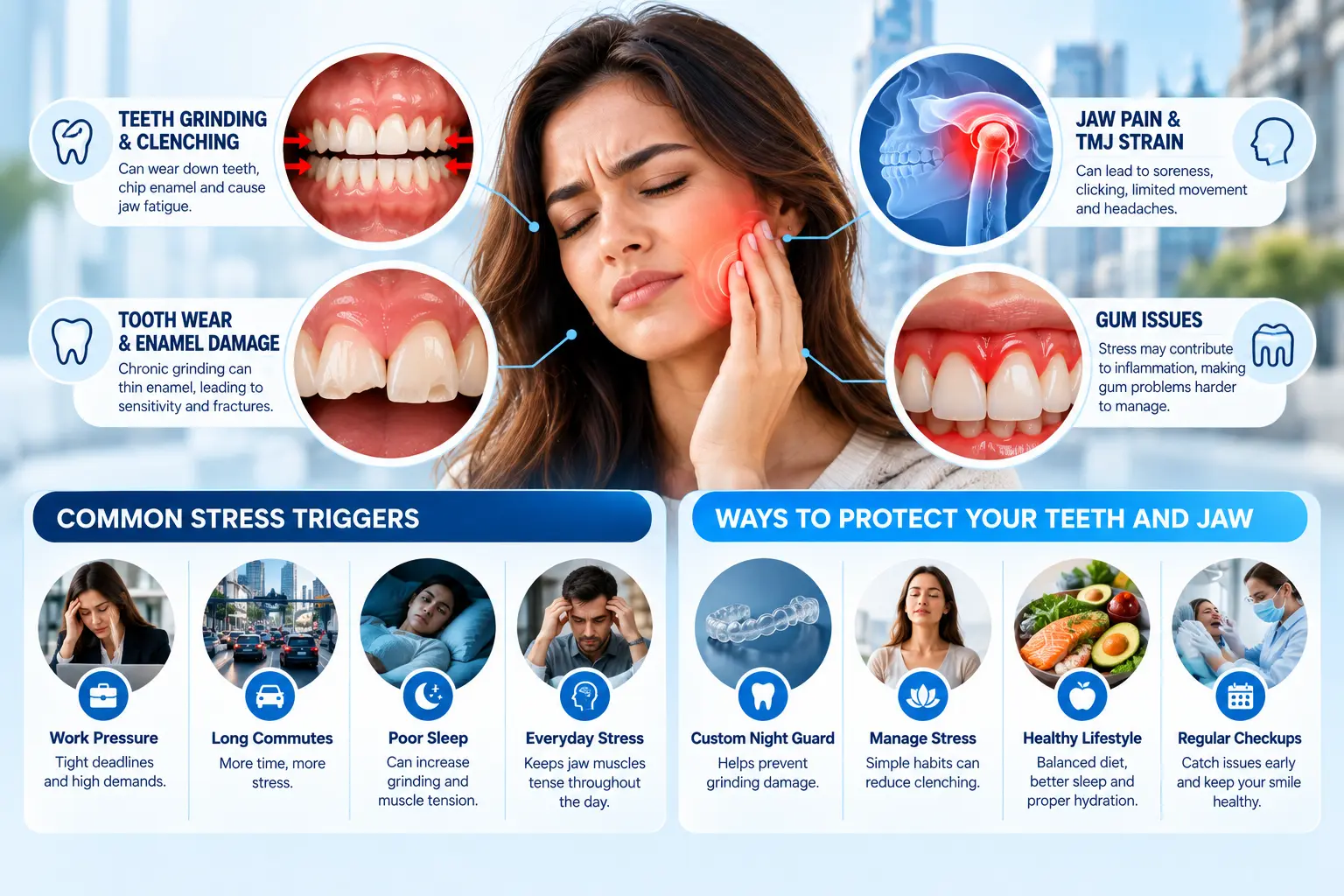 Stress Affects Your Teeth: educational infographic showing teeth grinding, enamel wear, jaw pain, TMJ strain, gum issues, common stress triggers, and ways to protect teeth and jaw health.